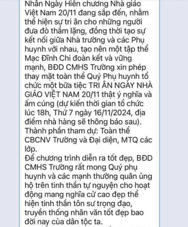 Phụ huynh vận động tổ chức gặp mặt tri ân ngày 20-11, trường ra thông báo khẩn